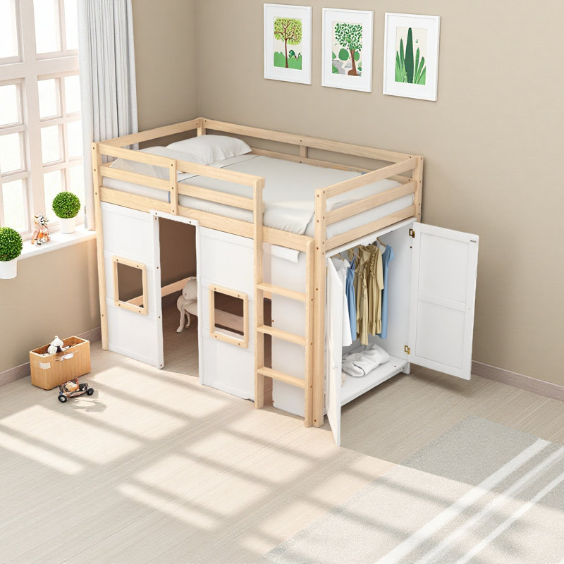 Lit mezzanine avec garde-robe de rangement intégré et 2 fenêtres, Blanc