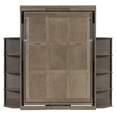 Lit escamotable avec armoire murale cachée, tablettes latérales doubles à 3 niveaux, bureau convertible, supports de rangement supplémentaires
