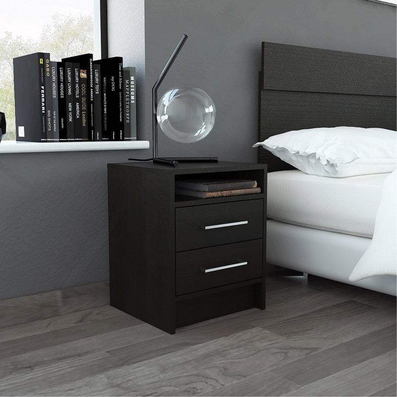 2-Drawer 1-Shelf Rectangle Nightstand Wenge, Black