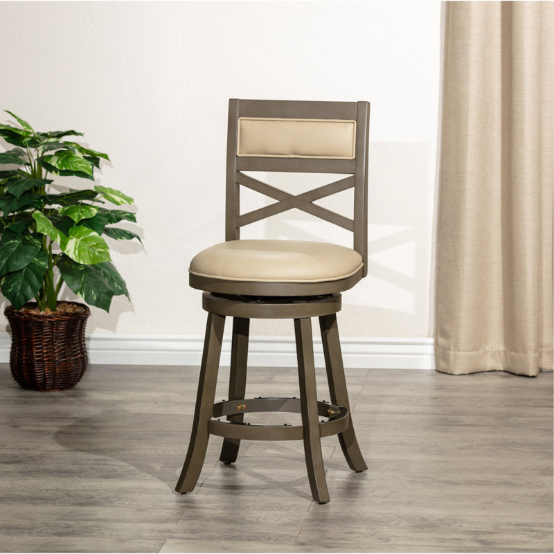 24" Counter Height X-Back Swivel Stool, Weathered Grey Finish, French Grey Leather Seat, Counter Stool (24" Seat Height)