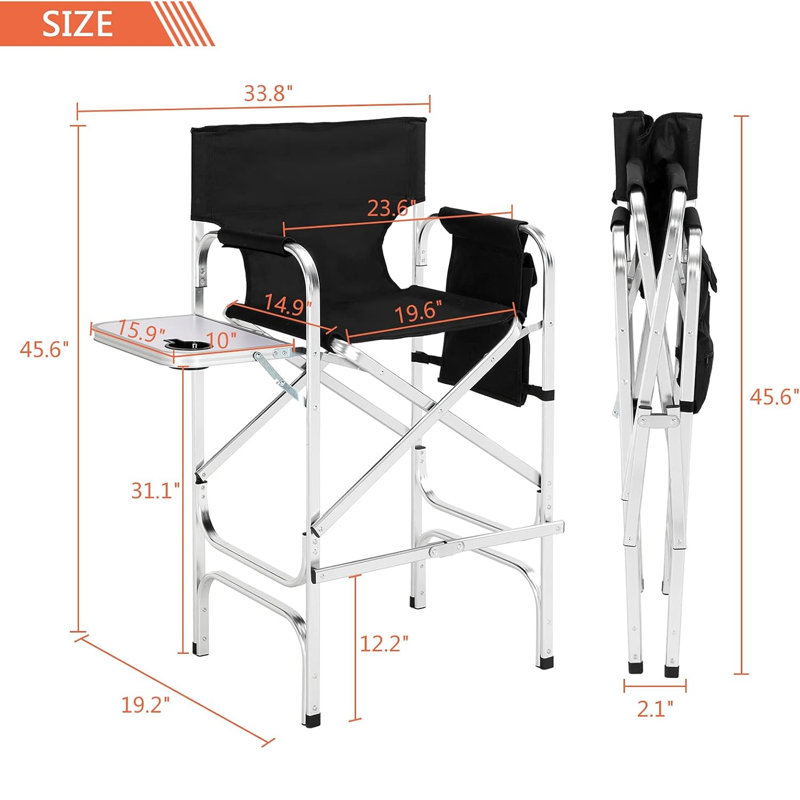 31" Tall Bright Aluminium Frame Folding Director Chair With Side Table