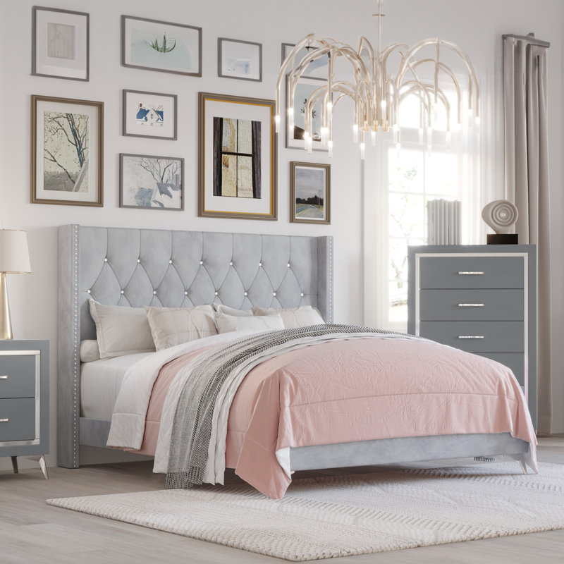 Maxo Upholstered Panel Bed, Gray, Queen