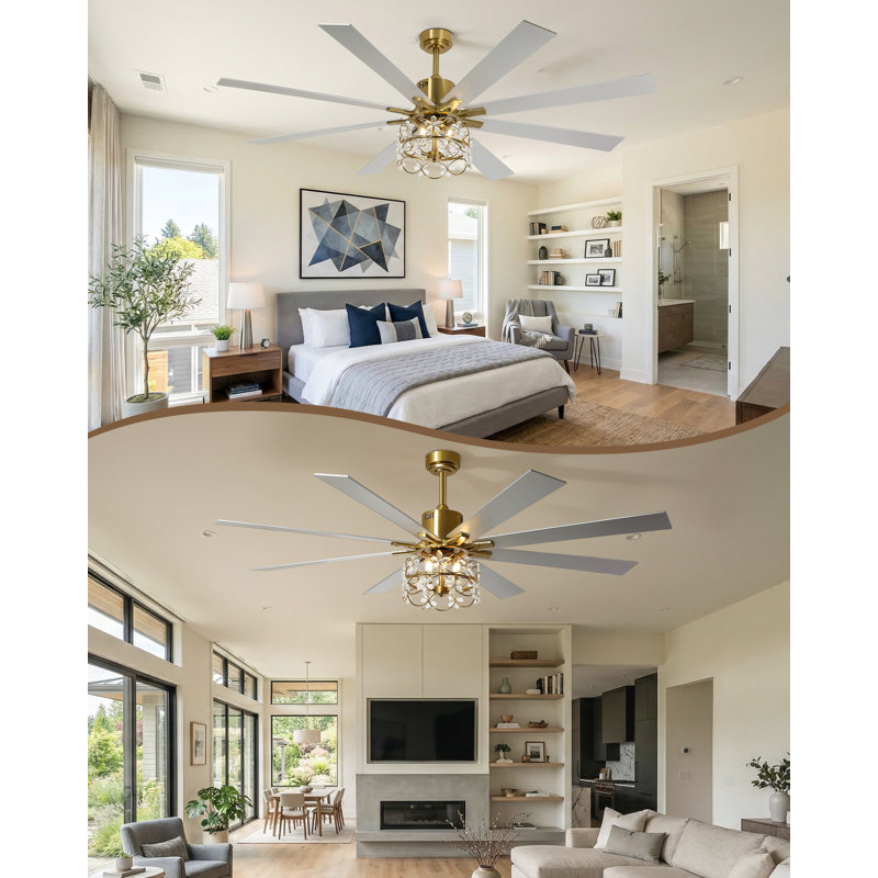 72-Inch Large Modern Gold Ceiling Fan with Remote, 8-Blade Reversible Fandelier with Floral Crystal Light Kit, 6-Speed Quiet DC Motor for Great Rooms, Living Rooms, and High Ceilings