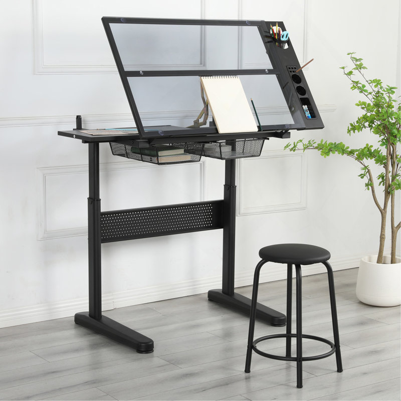 Bureau à dessin à manivelle réglable avec 2 tiroirs en métal, Noir