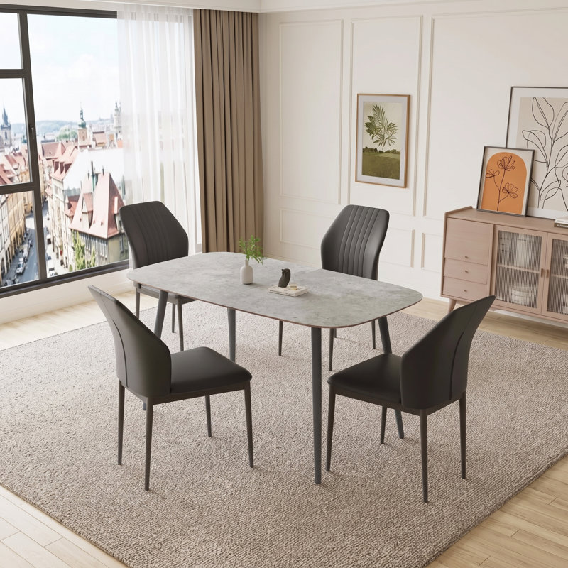 55.1'' Rectangular Dining Table Set, Modern Kitchen Table, Steel Legs (1 Table 4 Chairs), Gray, Black