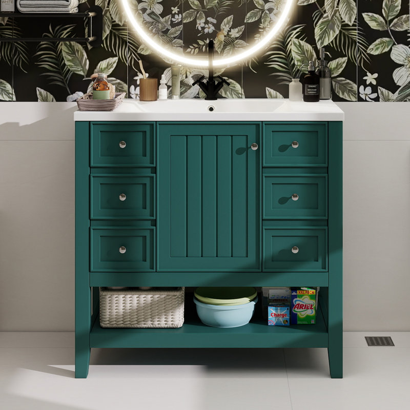 Meuble-lavabo 36 po avec lavabo, une armoire et trois tiroirs, bois massif et panneau de fibres à densité moyenne, vert, Vert