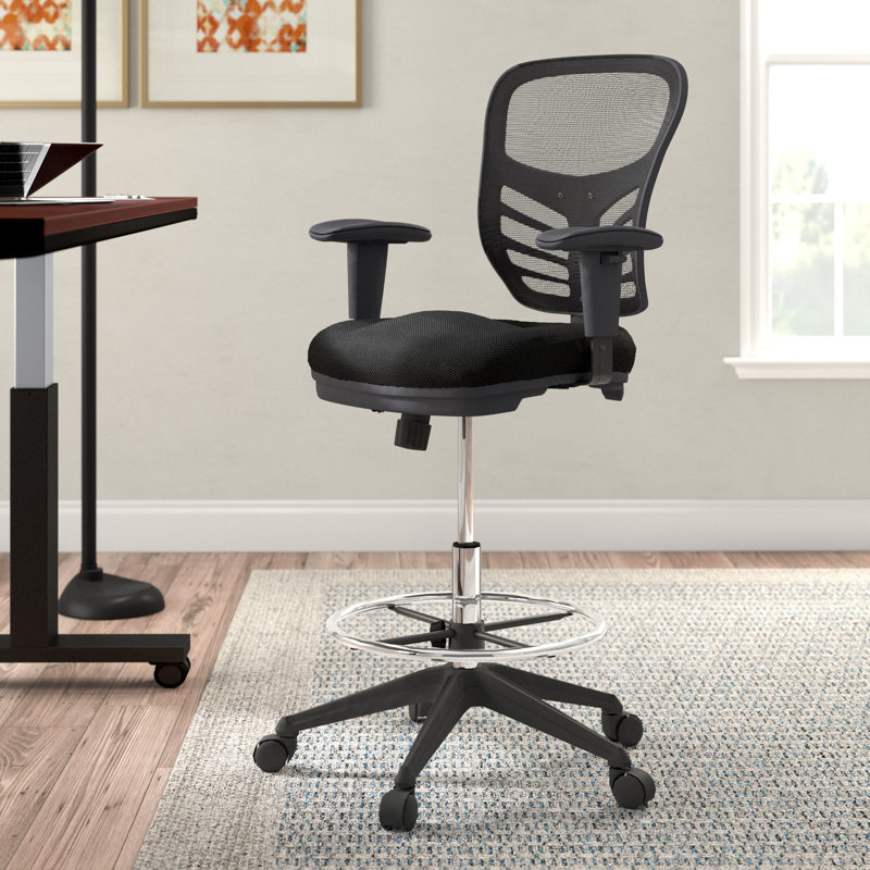 ErgoFlex Black Mesh Drafting Chair with Adjustable Arms & Chrome Footring