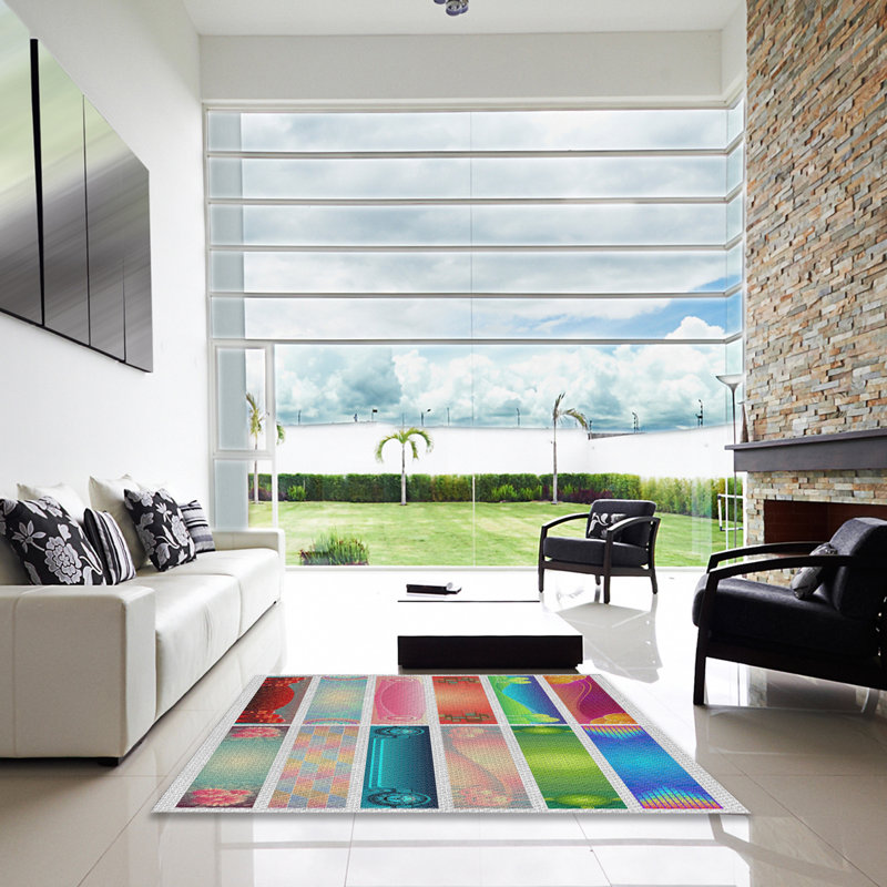 Tapis vert/bleu/rouge à motifs, Carré 5 pi