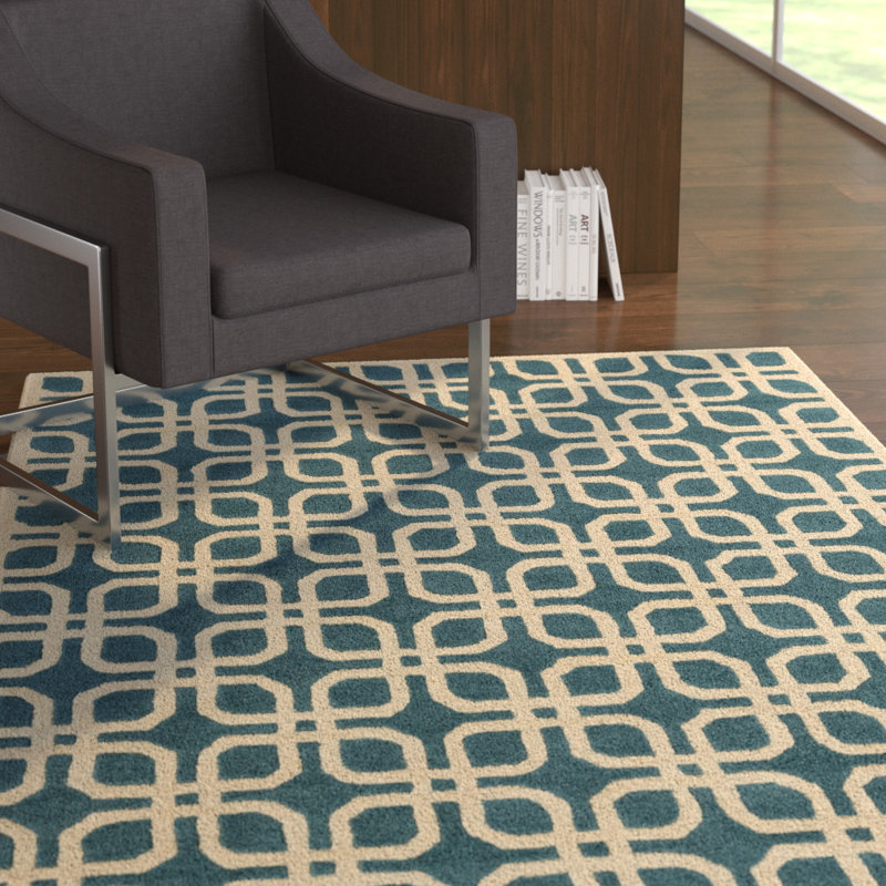 Tapis décoratif bleu sarcelle/Ivoire en laine Touffeté à la main Murrah, Rectangle 9 pi x 13 pi