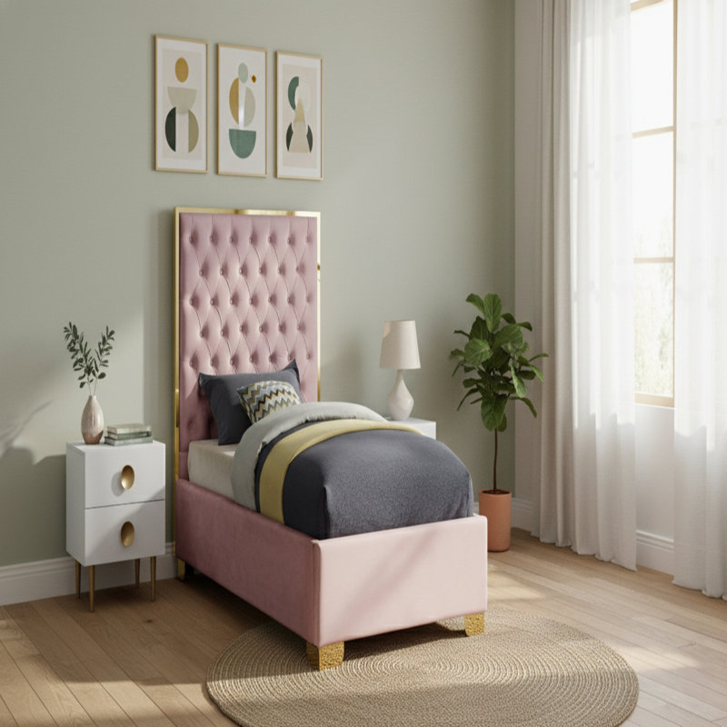 Spadaro Upholstered Platform Bed, Pink Velvet, Gold, Twin
