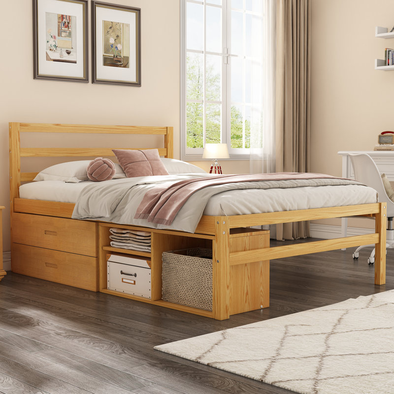 Lit plateforme en bois de taille avec tablettes de rangement amovibles, deux tiroirs de rangement intégrés pour plus de commodité,
