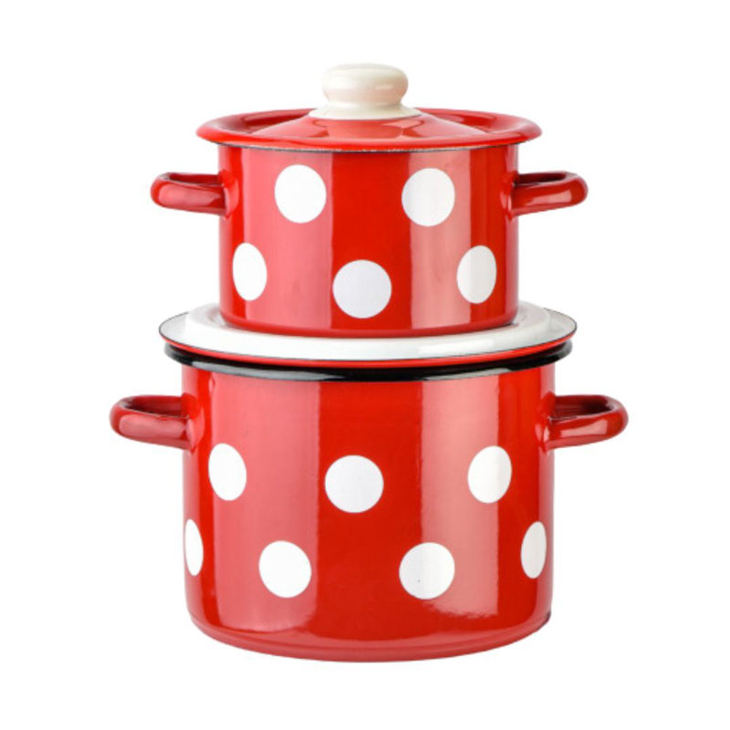 Pot en acier émaillé à pois rouge avec couvercle
