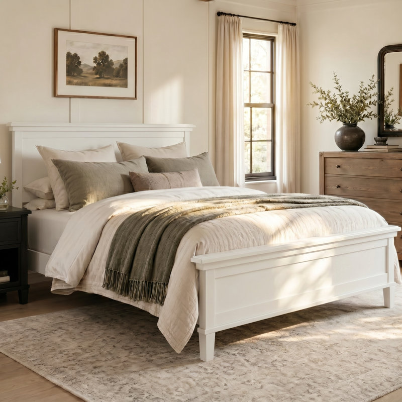 Mid-Century Wood Platform Bed With Headboard And Wood Slat Support, No Box Spring Needed, White, Full