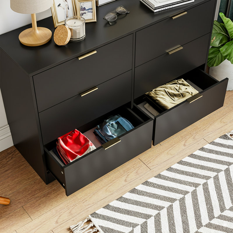 6 Drawer 47.1" W Wood Modern Double Dresser, Black