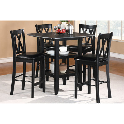 Ensemble de salle à manger 5 pièces hauteur comptoir : table noire avec étagères et 4 chaises, plateaux en similicuir et sièges de chaises rembourrées