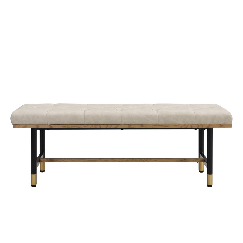 Beige Faux Leather Upholstered Bench with Gold Metal Shelf