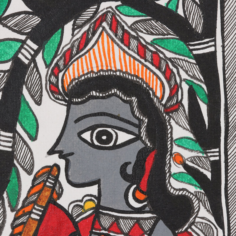 Bungalow Rose fait à la main, peinture majestueuse de Krishna Madhubani