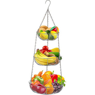 Heavy Duty 3-Tier Hanging Fruit and Vegetable Basket with 2 Metal Ceiling Hooks, Black