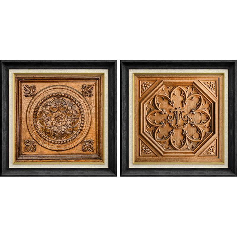 Motif de tapisserie géométrique classique rétro - ensemble de 2 peintures sur toile encadrées, Noir
