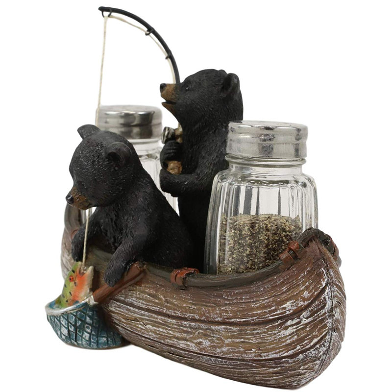 Figurine de support pour le sel et les poivres de la forêt 2 ours frères avec filet et tringle Dunston