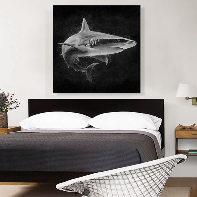 " Shark Fish Shortfin Mako Tiger Ocean Sea Black White ", 36" H x 36" W x 0.75" D
