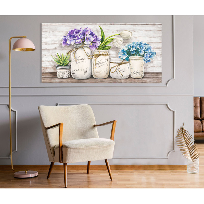 Flowers in Mason Jars 1 Piece Wrapped Canvas Painting, 60cm H x 120cm W x 4cm D