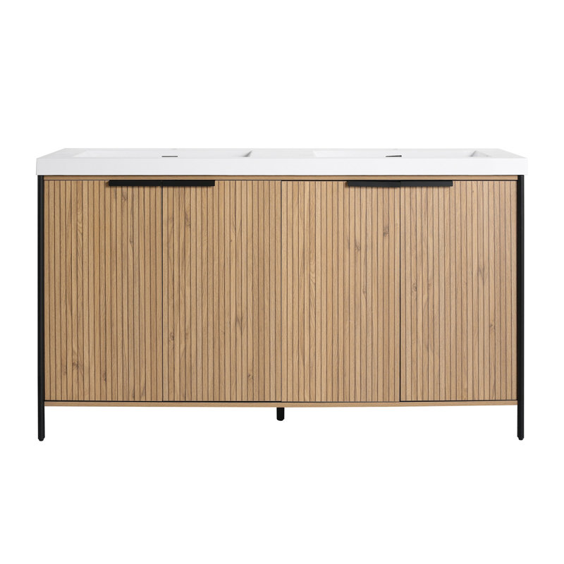 Meuble-lavabo autoportant de 60 po avec lavabo double en résine et 4 portes d'armoire à fermeture en douceur (KD-Packing) -W999S00298