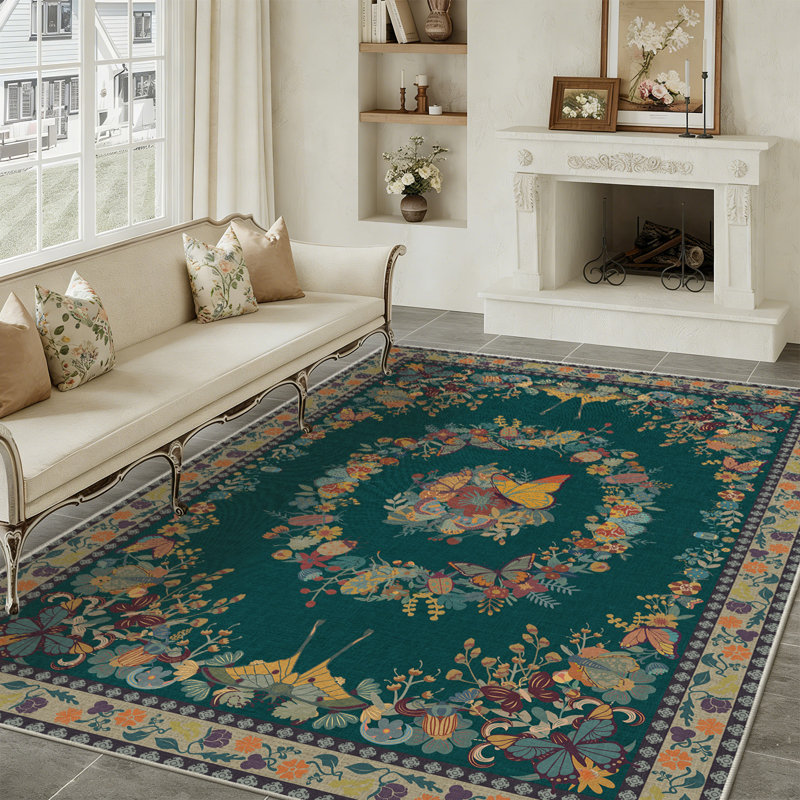5x7ft Area Rug, Dark Green Butterfly Soft Accent Outdoor Rug, Vintage Inspired Distressed Low Pile Washable Rugs for Living Room Dining Room Bedroom