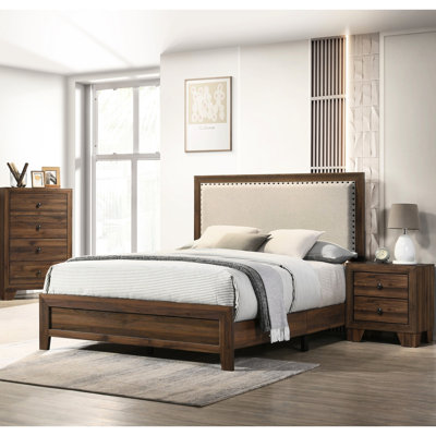 Glamorous Full Size Bed With Brown Cherry Finish And Headboard Feature Brilliant Veneer Nailhead Trim