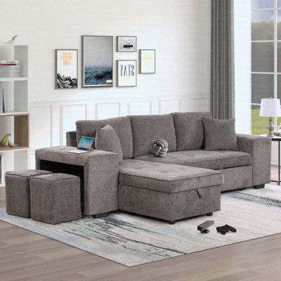 104.5" Modern L-Shaped Reversible Sectional With Storage Chaise, Sleeper & 2 Stools
