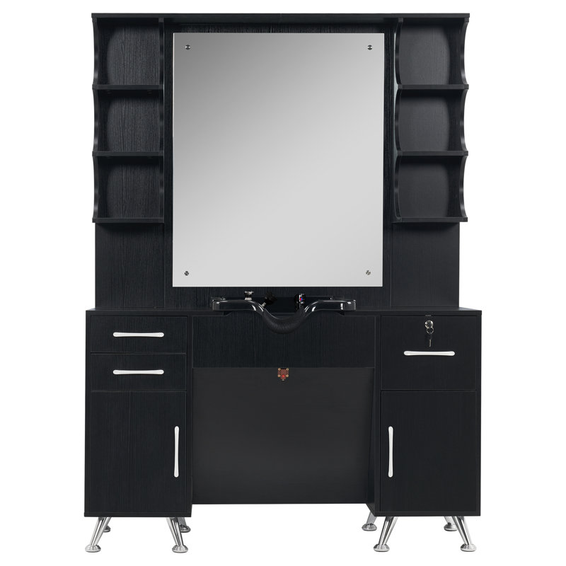 Taquil Backwash Shampoo Bowl Cabinet, Wall Mount Station with Mirror, Storage Cabinet with Drawers, Black