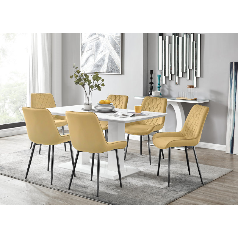 Edzard Double Pedestal High Gloss Dining Table Set with 6 Luxury Velvet Dining Chairs, White, Yellow/Black