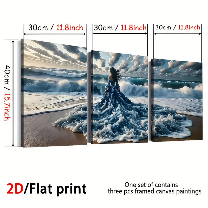 Wave Wave Girl, impression sur toile 3 pièces pour décoration de salon, 16 * 12 pouces 3 pièces