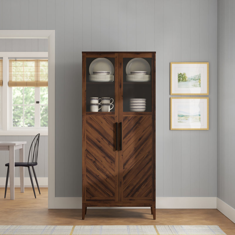 Anjalika Chevron Glass Door China Cabinet with Wine Bottle Storage, Dark Walnut