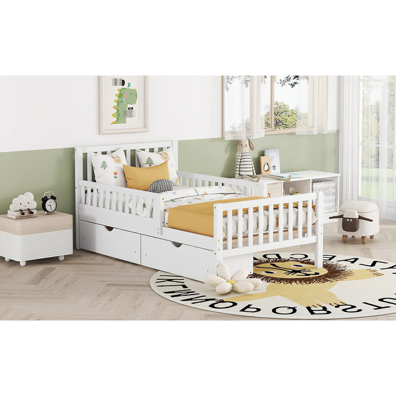 Lit plateforme simple en bois blanc avec garde-corps et options de rangement disponible pour lit simple - Charisme, Blanc
