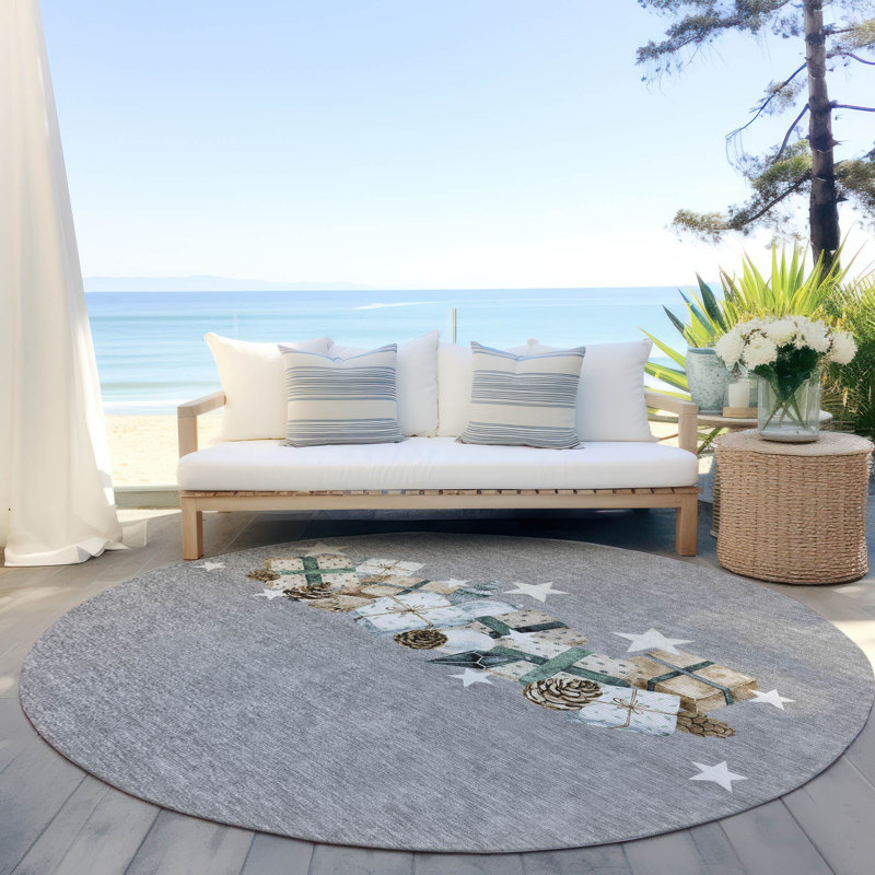 Tapis intérieur / extérieur gris lavable à la machine Xhevrie, Rond 8 pi