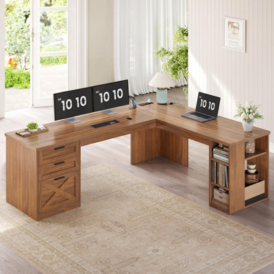 67" Farmhouse L Shaped Desk With 3 Drawers, Executive Desk