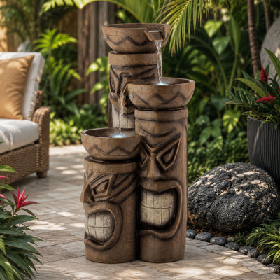 Fontaine d'extérieur 29 po à 3 niveaux avec têtes Tiki 29 lumières brunes