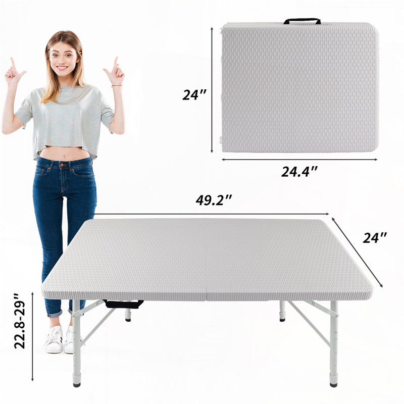 Table de camping pliable pour patio avec plateau rectangulaire à rat, base en métal, Blanc