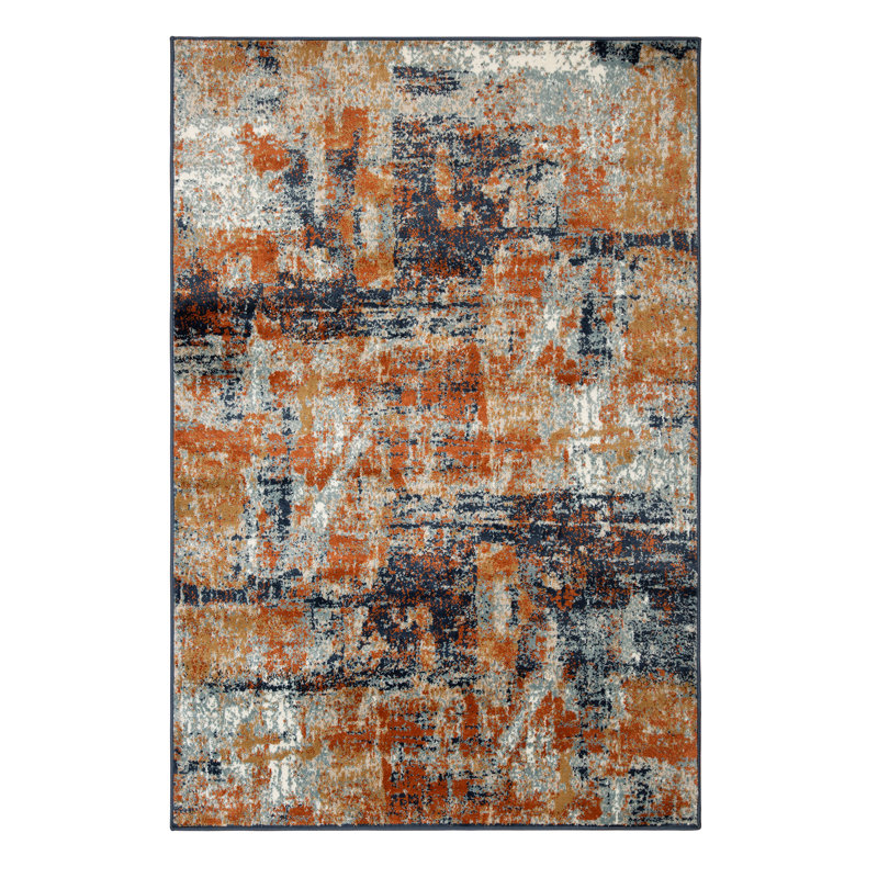 Abstract Durable Performance Rust/Blue Indoor Area Rug, Rectangle 7'9" x 9'9"