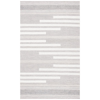 Buth Hand Woven Cotton/Wool Striped Rug in Ivory/Gray
