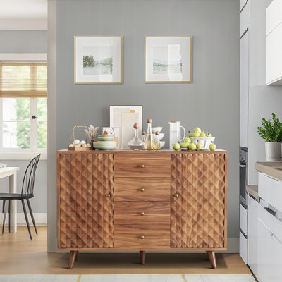 Modern Diamond Carved Sideboard Cabinet, MDF Particleboard Buffet with 4 Drawers, 2 Doors, Solid Wood Legs, Large Storage for Dining Room, Entryway
