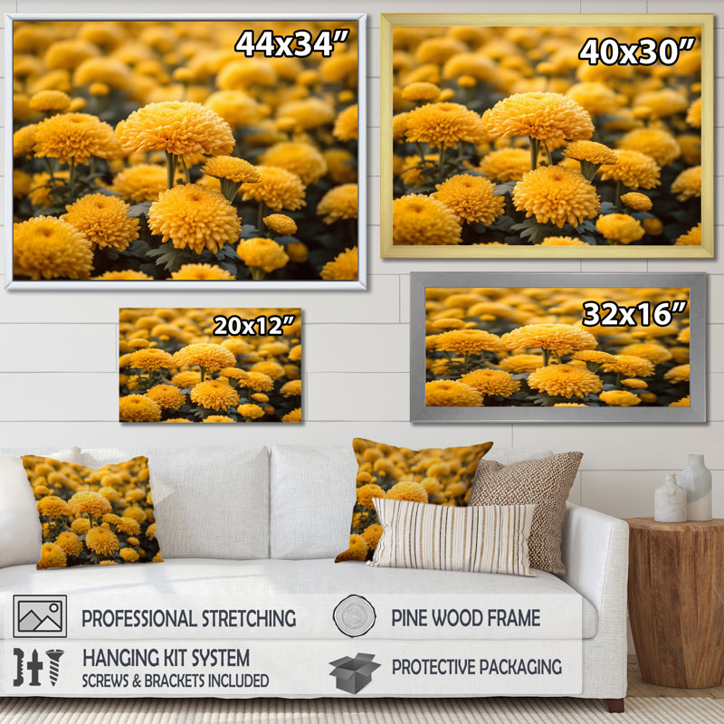 «Yellow Mums in Bloom II» sur toile, H 34 po x l 44 po x P 1,5 po, Cadre flottant blanc
