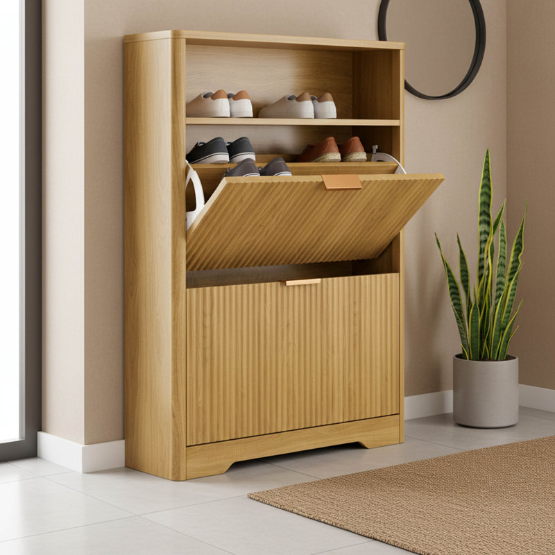 Flip-Door Shoe Cabinet, 31.6 inch Narrow Storage Organizer with 2 Hidden Compartments, Tall Free Standing Entryway Shoe Rack for Foyer and Hallway in Natural