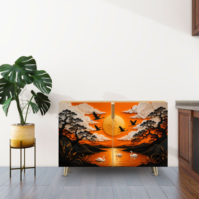 Sideboard Buffet Cabinet with Storage Sunset Landscape Swans Cranes Golden Sky Oriental Style with 2 Doors for Living Room and Kitchen