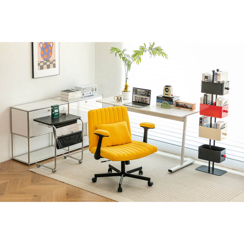 Modern Yellow Cross Office Chair With Wheels - Comfortable For Long Term Work, Adjustable Comfort, Breathable Linen, Larger Stability Linen Armrest Ideal Sitting Height, 360 Rotation, 108 130 Tilt,