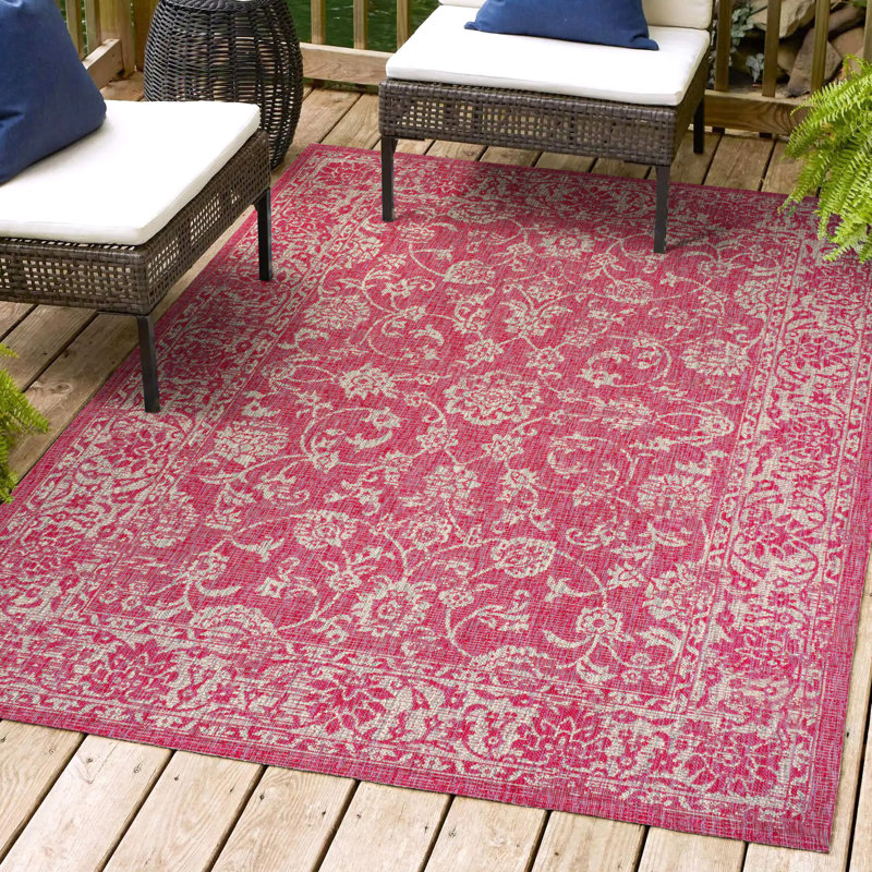 Delcine Bohemian Textured Weave Floral Fuchsia/Light Gray Indoor/Outdoor Rug, Rectangle 7'9" x 10'