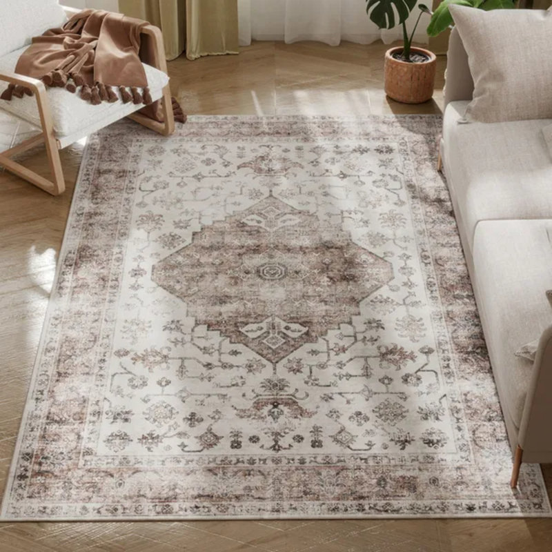 Area Rug, Vintage Machine Washable Rug, Non-slip Floor Carpet For Living Room, Bedroom, Dining Room, Tan, Rectangle 4' x 6'