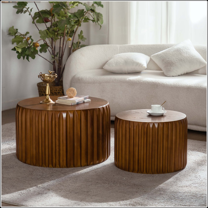 Ensemble de 2 tables basses rondes cannelées en bois de style Mid-Century