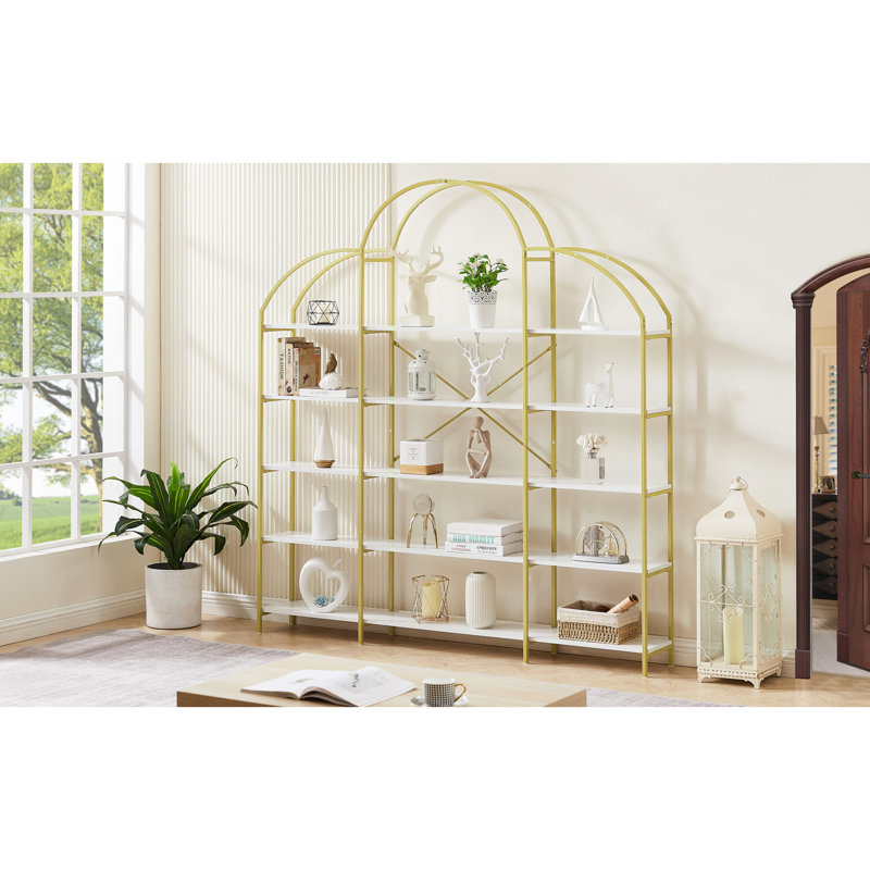 74.8 Inch 5 Tiers Office Bookcase Bookshelf, Display Shelf With Round Top, X Bar Gold Frame
